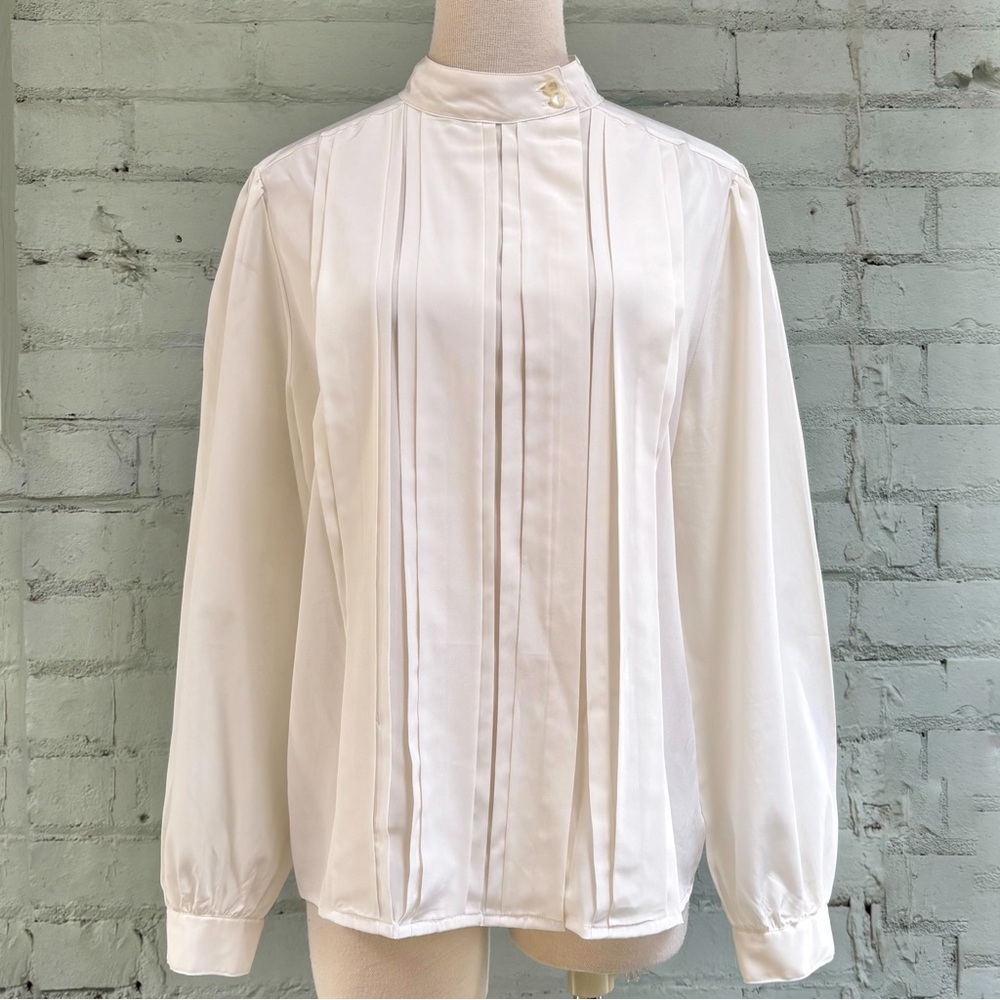 Vintage Cream High Collar Long Sleeve Blouse with Pintuck Detail